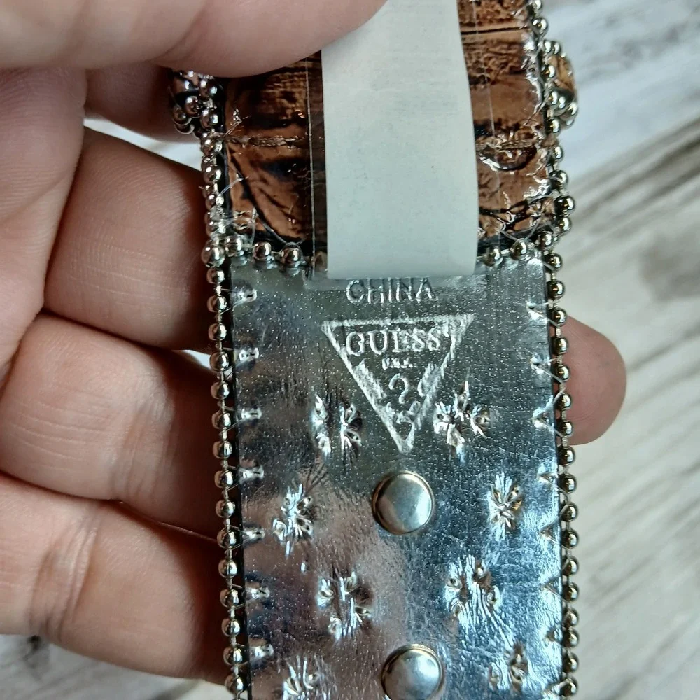 Guess Womens Brown Croc Embossed Rhinestone Studded Western Belt 947034 MOC